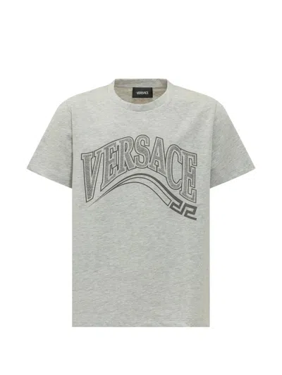 Versace Kids' Wave Logo T-shirt In Gray