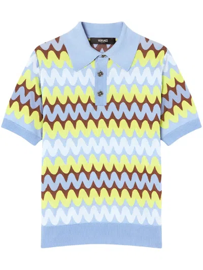 Versace Wave Polo Shirt In Bleu Clair+multicolore