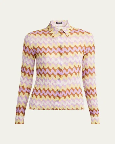 Versace Wave Print Button Down Shirt In Pale Yellowtobacco