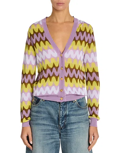 Versace Wave V Neck Cardigan Sweater In Violet+multicolore