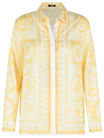 Versace White And Beige 'baroque' Silk Shirt In Yellow