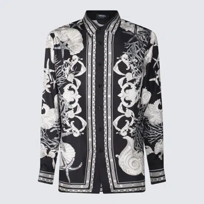 Versace Seashell Barocco Print Silk Button-up Shirt In Black