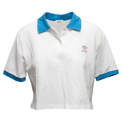 Pre-owned Versace White & Blue  Cropped Logo Polo Shirt Size It 44
