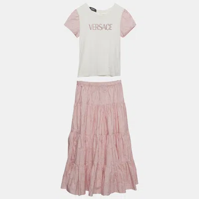 Pre-owned Versace White & Pink Cotton T-shirt & Maxi Skirt Set 10 Years