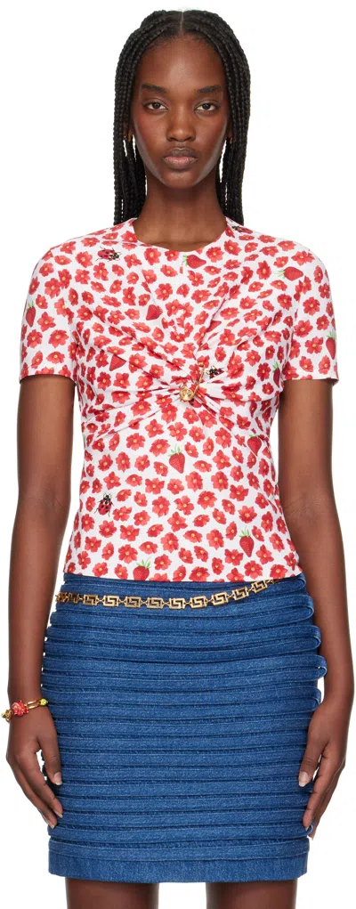 Versace White & Red Safety Pin Gathered Top In 5w690-white+red