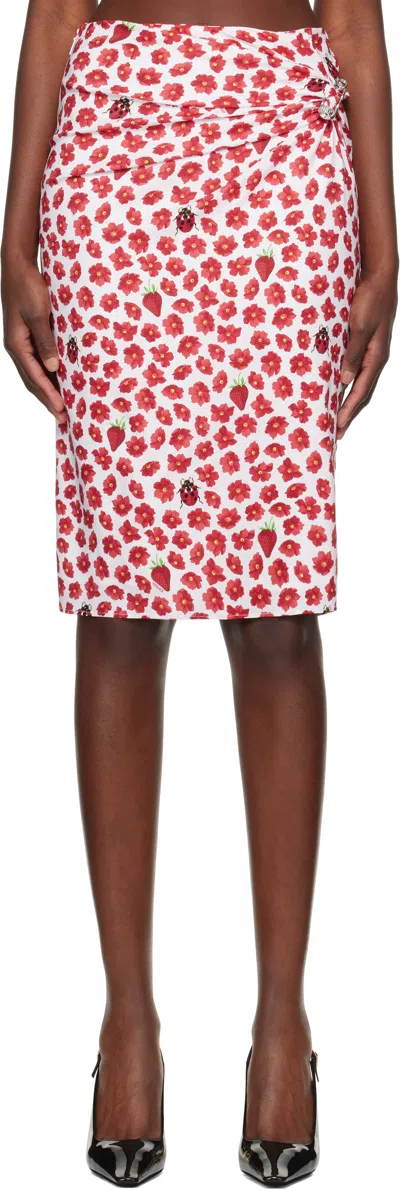 VERSACE WHITE & RED STRAWBERRY GARDEN MIDI SKIRT