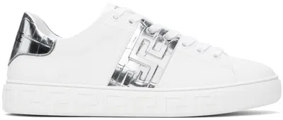 Versace White & Silver Greca Sneakers In 2w27p-w+silv+palladi
