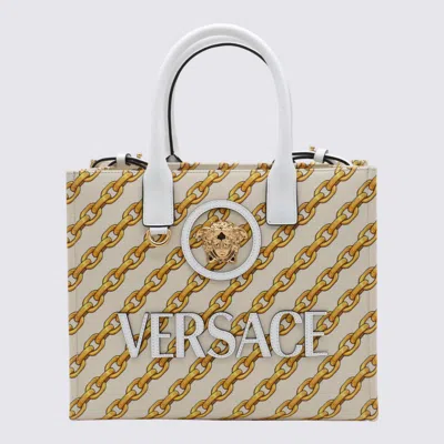 Versace White And Yellow Cotton Totes