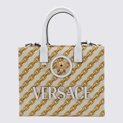 Versace White And Yellow Cotton Totes In Multi