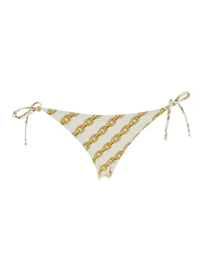 VERSACE WHITE BIKINI BOTTOM WITH ADJUSTABLE TIE CLOSURE AND ALL-OVER CHAIN PRINT IN TECH FABRIC STRETCH WOMA