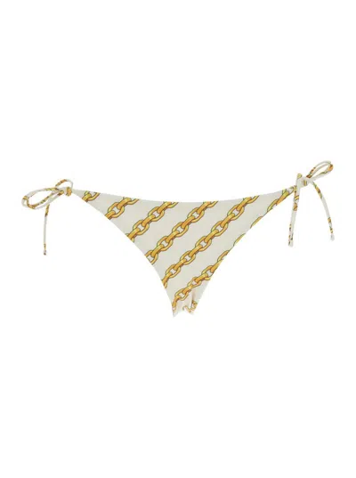 VERSACE WHITE BIKINI BOTTOM WITH ADJUSTABLE TIE CLOSURE AND ALL-OVER CHAIN PRINT IN TECH FABRIC STRETCH WOMA