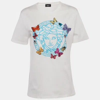 Pre-owned Versace White Cotton Medusa Butterfly Embellished Crew Neck T-shirt M