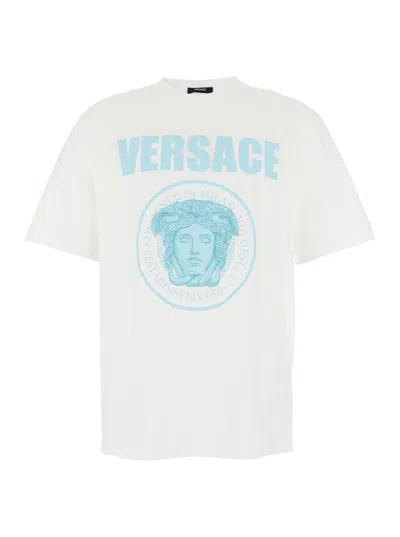 Versace White Crewneck T-shirt With Maxi Logo Print On The Front In Cotton Man