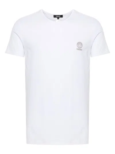 Versace White Crewneck T-shirt With Medusa Print On The Front In Cotton Stretch Man In Weiss
