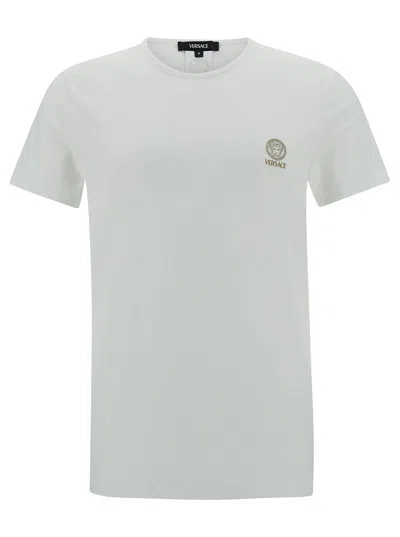 Versace White Crewneck T-shirt With Medusa Print On The Front In Cotton Stretch Man In Neutral