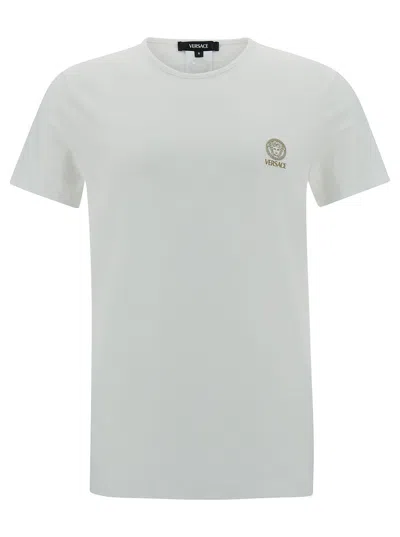 Versace White Crewneck T-shirt With Medusa Print On The Front In Cotton Stretch Man