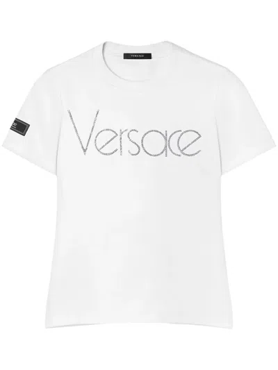 Versace White Crystal Logo T-shirt For Women | Ss24 Collection