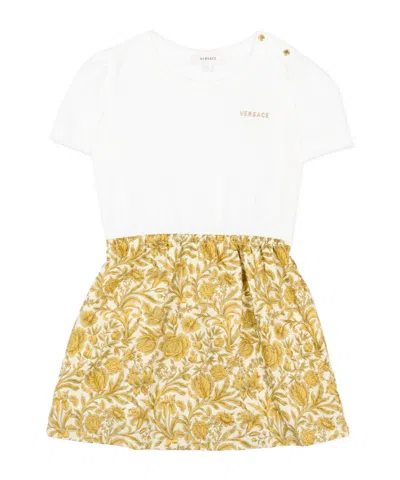 Versace White Dress For Baby Girl With Baroque Print In Brown