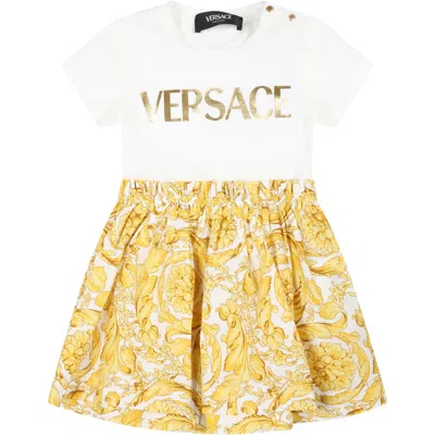 Versace White Dress For Baby Girl With  Logo And Baroque Print