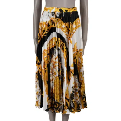 Pre-owned Versace White Gold Black 2020 Barocco Acanthus Pleated Midi Skirt 40 S