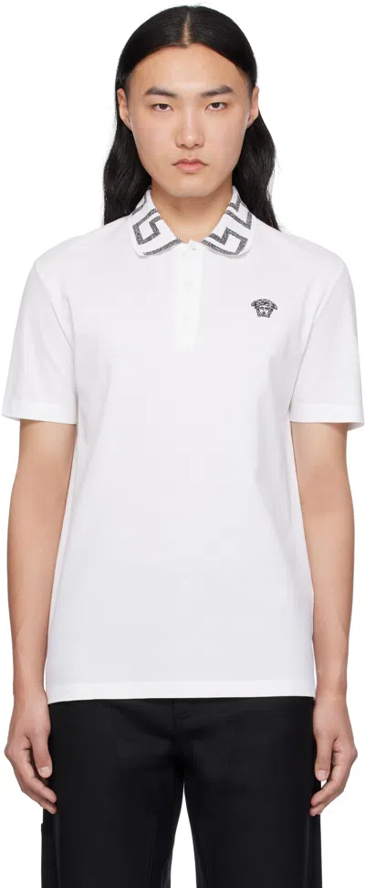 Versace Short-sleeved Polo Shirt With Geometric Collar Detail In White