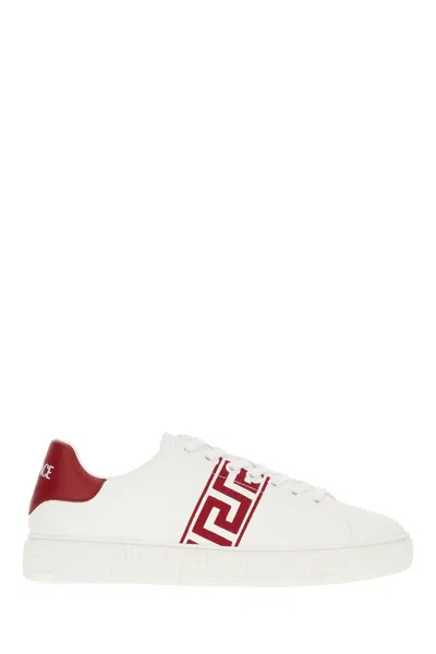 Versace Leather Sneakers With Greca Detail And Accents In White