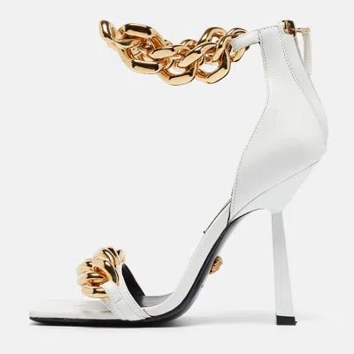 Pre-owned Versace White Leather Medusa Chain Ankle Strap Sandals Size 36