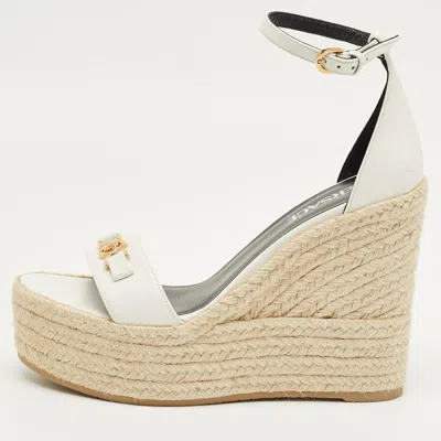 Pre-owned Versace White Leather Medusa Espadrille Wedge Sandals Size 38