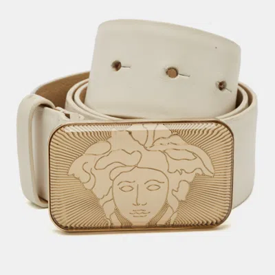 Pre-owned Versace White Leather Medusa Rectangle Buckle Belt 85 Cm