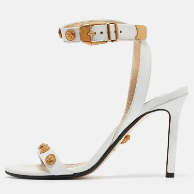 Pre-owned Versace White Leather Medusa Studded Ankle Strap Sandals Size 35