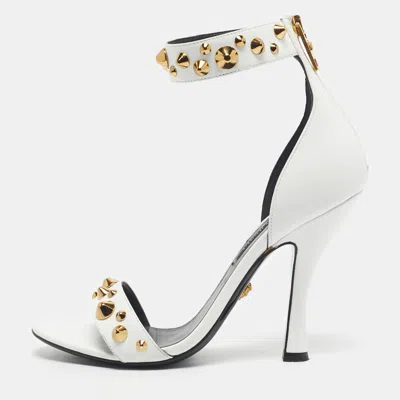 Pre-owned Versace White Leather Studded Ankle Strap Sandals Size 38