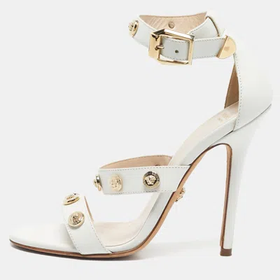 Versace White Leather Studded Medusa Ankle Strap Sandals In Multi