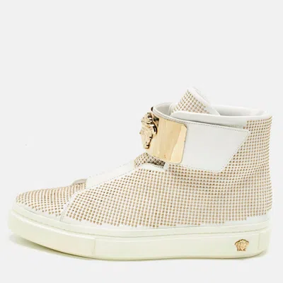 Versace White Leather Studded Medusa High Top Sneakers