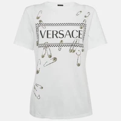 Pre-owned Versace White Logo And Pin Print Cotton Crew Neck T-shirt M