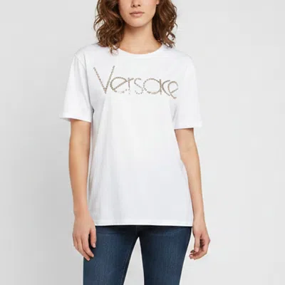 Pre-owned Versace White Logo Embellished Cotton Short Sleeve T-shirt L