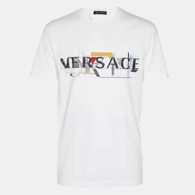Pre-owned Versace White Logo Embroidered Jersey T-shirt L