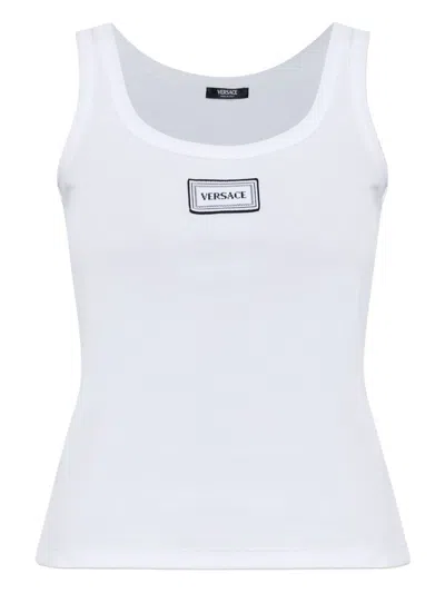 Versace White Logo Embroidered Ribbed Tank Top In Animal Print