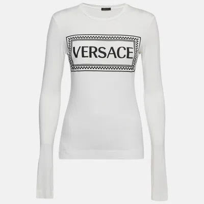 Pre-owned Versace White Logo Print Jersey Long Sleeve T-shirt M