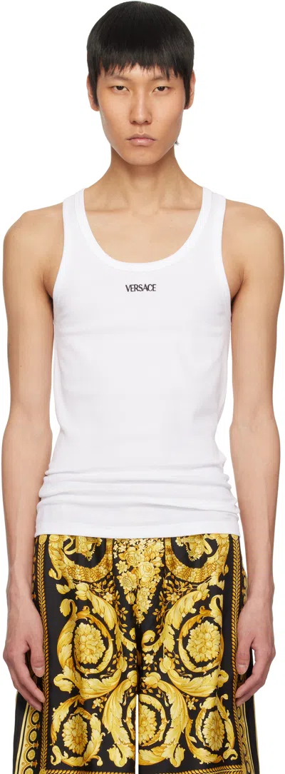 Versace White Logo Ribbed Tank Top In 1w000-optical White