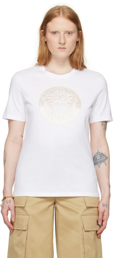 Versace Beaded Medusa Logo T-shirt In Bianco Ottico