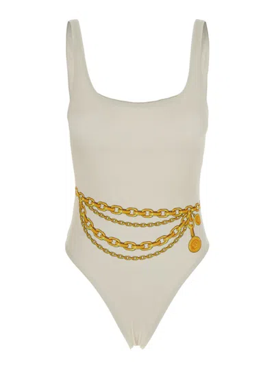 Versace White One-piece Swimsuit With Chain Print In Tech Fabric Woman
