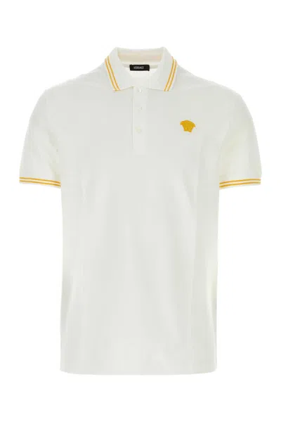 Versace White Polo Shirt With Classic Collar And Medusa Embroidery On The Front In Neutral
