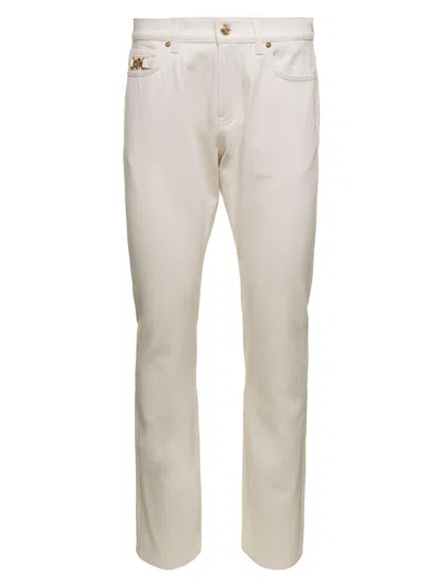 VERSACE WHITE RELAXED JEANS WITH MEDUSA DETAIL IN COTTON DENIM MAN