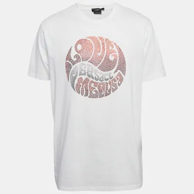 Pre-owned Versace White Rhinestone Logo Jersey Michel Fit T-shirt M