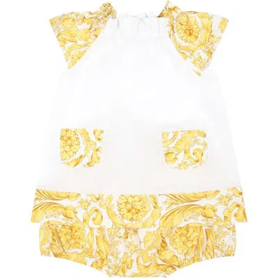 Versace Babies' Barocco-print Cotton Dress Set In White+gold