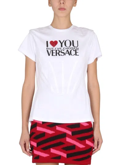 VERSACE WHITE SHORT-SLEEVED T-SHIRT WITH LOGO PRINT