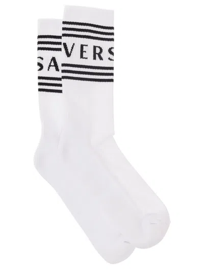 Versace White Socks With Logo In Cotton Man In White/black