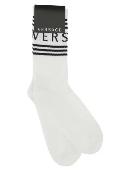 Versace White Stretch Cotton Blend Socks In Bianconero