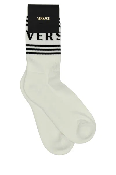 Versace White Stretch Cotton Blend Socks In Neutral