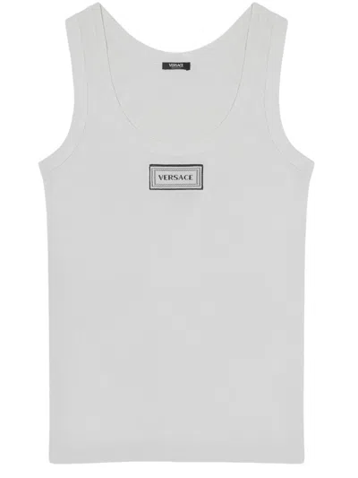Versace White Stretch Cotton Tank Top In Gray